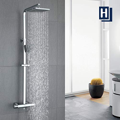 HOMELODY Conjunto de ducha termostático 40 ℃ Columna de ducha rectangular de latón, regulable en altura, 818-1214 mm, ducha de lluvia, 2 modos, ducha de mano para baño