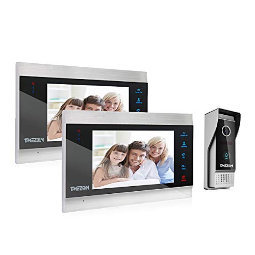 Sistema de videoportero TMEZON, 2 monitores 1080P 7 Zoll y tono de llamada con cable para 1 familia, tecnología de 4 hilos, botón táctil, visión nocturna, instantáneas / grabación