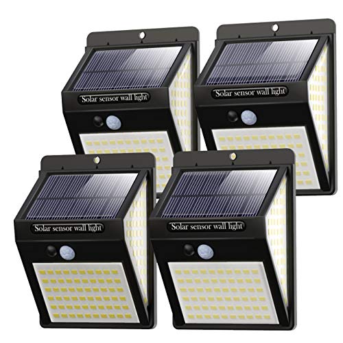 Foco solar exterior Litogo 140 LED 【4 packs / 3 modos】 con sensor de movimiento, focos solares LED para exterior Iluminación a 270º Focos solares Aplique exterior impermeable Aplique solar exterior para jardín