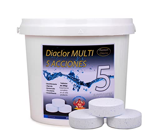 Cloro Piscina DIACLOR MULTI 5 ACCIONES 5 KG - 25 Pastillas Cloro Lento (200 gr - 7,5 cm Diámetro) - Tratamiento Completo 5 EFECTOS - SIN CICATRIZANTE - NUEVA FÓRMULA 100% SEGURA