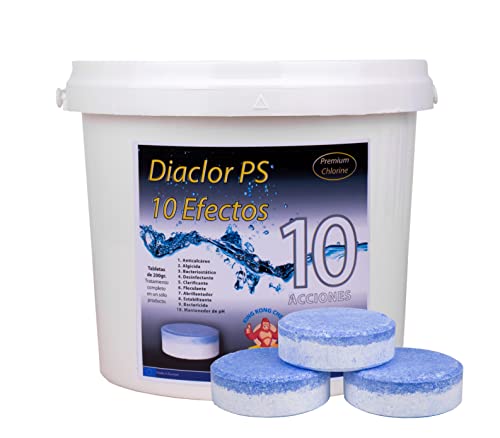 DIASA INDUSTRIAL Cloro para Piscinas DIACLOR PS 10 Efectos 5 KG - 25 Tabletas Multiacción Cloro (200 gr) - Tratamiento Completo 10 Acciones - Nueva FÓRMULA 100% Segura