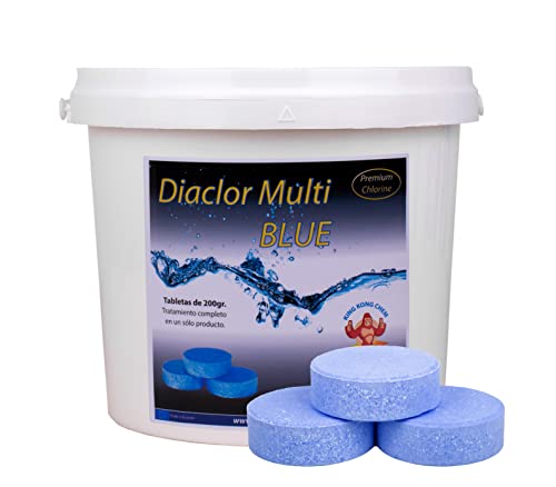 Cloro Piscina DIACLOR Multi Azul 5 KG - 25 Pastillas Cloro Multiacción (Pastilla 200 gr - Diámetro 7,5 cm - Color Azul) - Tratamiento 5 Acciones - SIN Cobre - Nueva FÓRMULA 100% Segura