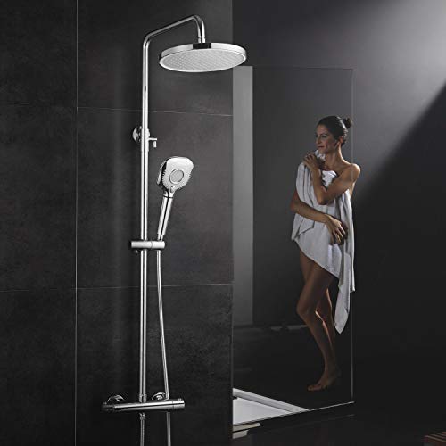 Columna de ducha Rainsworth, rociador con ducha termostática y teleducha de 3 vías y barra regulable en altura, acabado cromado