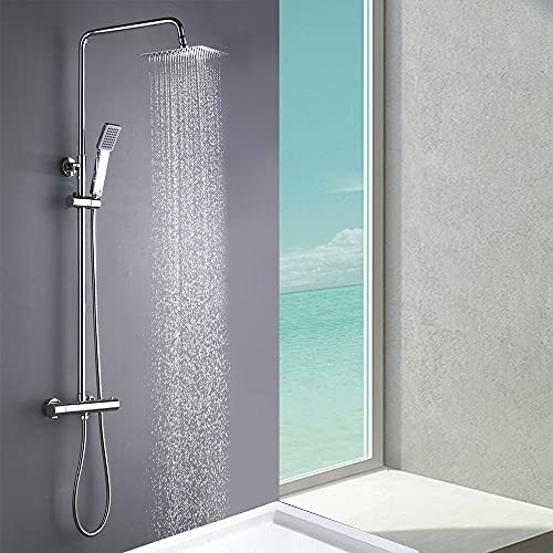 Columna de ducha MOL con válvula termostática y tubo redondo extensible de 80 a 120 cm.  Rociador y teleducha cuadrados, acabados en cromo.  repuestos originales