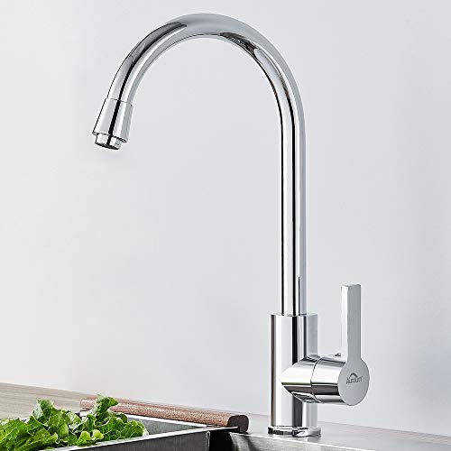 Grifo de cocina Auralum de acero inoxidable con aireador incorporado, caño de 395 mm de altura, grifo de agua fría y caliente de 360°, grifo de lavabo económico Diseño clásico