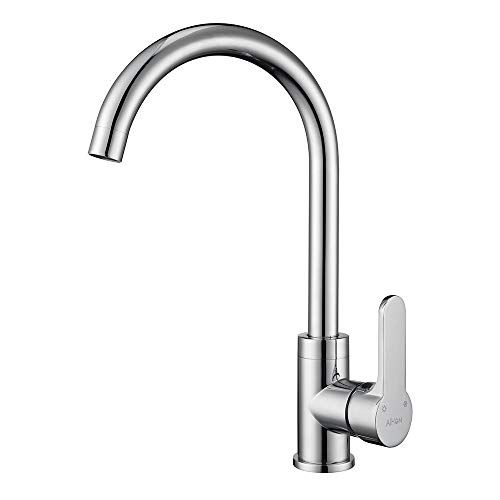Grifo para fregadero AiHom, giratorio 360 °, monomando, curvo, latón cromado, acero inoxidable, con mangueras G3 / 8, agua fría y caliente, con aireador desmontable
