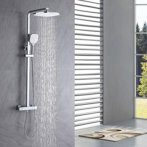 Columna de ducha termostática Auralum, grifería de ducha de baño, set de ducha temperatura constante 38ºC con ducha de lluvia de 10 pulgadas y teleducha de 3 funciones.  barra regulable en altura