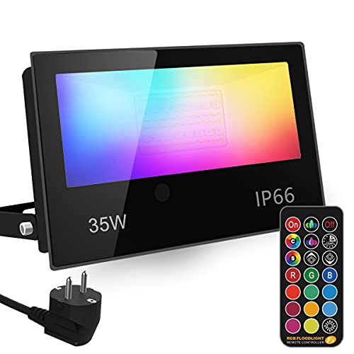 Foco LED RGB para exteriores, cambio de color de 35 W, modo estroboscópico personalizado, RGB de 12 colores, sincronización, control remoto incluido, resistente al agua IP66