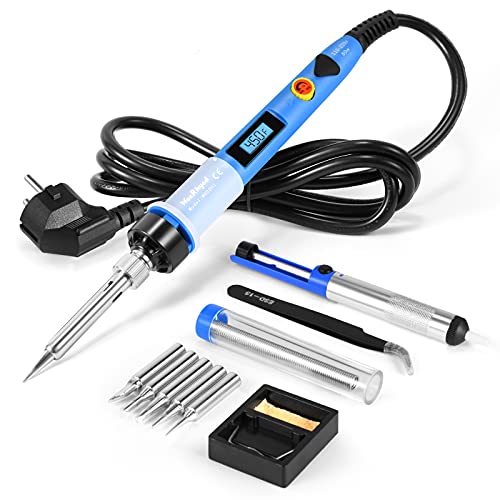 Kit de soldador WaxRhyed, kit de soldador LCD digital de 80W con temperatura de 200-450 ° C e interruptor ON / OFF, 5 puntas de soldadura, bomba de pelado, herramientas de soldadura para electrónica