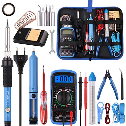 Soldadores de chapa 24 uds, kit de soldador eléctrico WOWGO 60W con 5 puntas, temperatura regulable, multímetro digital, soporte, hilo de soldadura, bomba desoladora, bolsa de herramientas, etc.