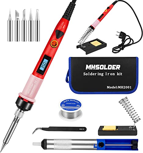 Kit soldador, 80 W MH Soldador soldador con pantalla LCD, temperatura regulable, interruptor ON/OFF, accesorios varios y maletín de transporte para mantenimiento electrónico