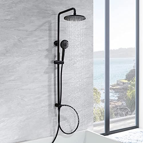 CECIPA set de ducha negro sin grifo, columna de ducha redonda con 3 tipos de teleducha con rociador, barra ducha regulable en altura, grifo ducha baño