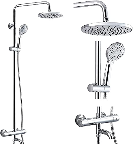 Sistema de ducha termostática Ducha de lluvia de 3 funciones con grifo de acero inoxidable Columna de ducha Bañera ajustable Ducha de baño cromada individual (termostato redondo)