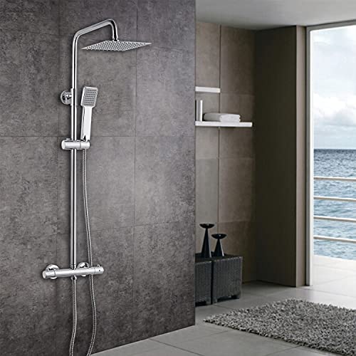 Columna de ducha termostática accesible, grifería de ducha para baños, set de ducha con temperatura constante de 38ºC con ducha con efecto lluvia de 8 pulgadas y 3 funciones de ducha manual, barra regulable en altura.