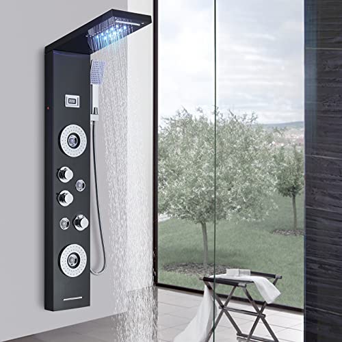 Panel de ducha Columna de ducha de hidromasaje para baño con rociador LED Sistema de ducha multifuncional en acero inoxidable negro.