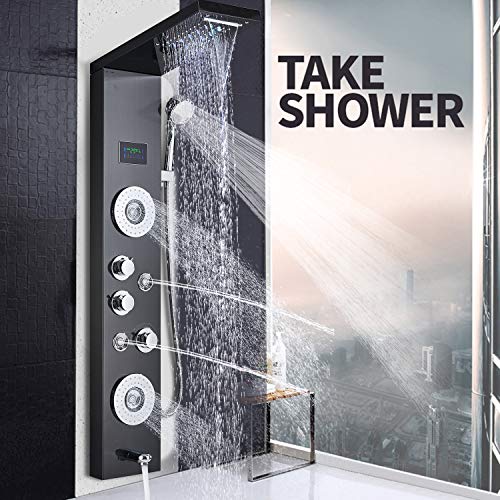 JUNSHENG Columna con panel de ducha LED de acero inoxidable con baño LCD Ducha de hidromasaje moderna Ducha de cascada de 5 funciones Sistema de torre con panel de ducha negro