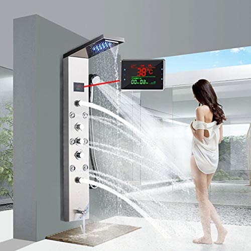 JUNSHENG Columna de ducha moderna Columna de hidromasaje de acero inoxidable para baño con rociadores LED + 5 salidas de agua + pantalla LCD para temperatura, níquel cepillado