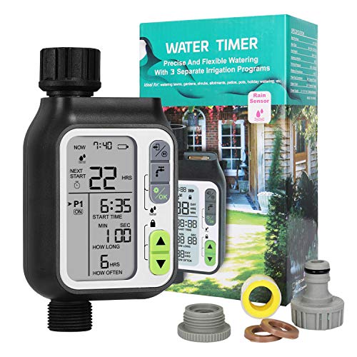 Programador de riego automático Hotelvs, temporizador de jardín para mangueras con 3 programadores de riego automático, sensor de lluvia automático, resistente al agua IP65