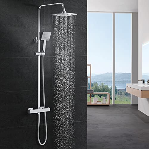 WOOHSE Columna de ducha termostática orientable Mezclador termostático sanitario Conjunto de ducha de lluvia Sistema de ducha cromado