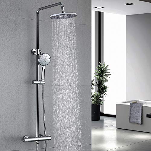 HOMELODY 40ºC Columna de ducha termostática multifuncional Conjunto de ducha de latón cromado regulable en altura 829mm-1221mm teleducha 3 funciones ducha redonda para baño