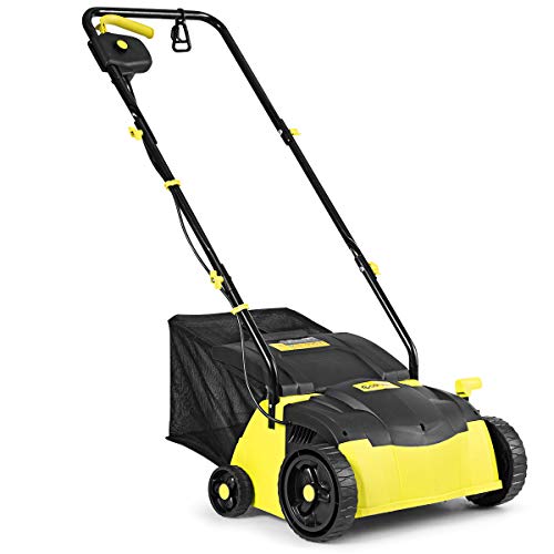 Escarificador eléctrico COSTWAY 3100rpm, 1400W, 4 niveles de profundidad y recogedor de césped de jardín de 30L (amarillo)