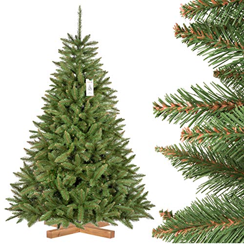 FAIRYTREES Árbol de Navidad artificial, abeto natural, tronco verde, PVC, soporte de madera, 180 cm, FT01-180