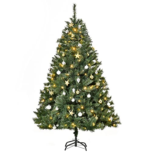 HOMCOM Árbol de Navidad artificial de 180 cm con soporte 745 ramas 200 luces LED de color blanco cálido Adornos incluidos PVC verde