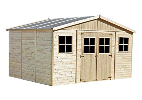 Tienda de madera para jardín - H246x418x320cm / 12m2 Tienda de madera natural - taller de jardinería - bicicletas, depósito de herramientas TIMBELA M331