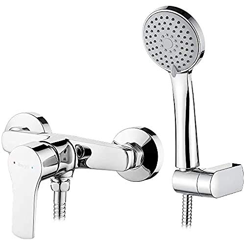 Ibergrif M12057 Star, completo con grifo, mando ducha monomando con rociador, soporte, flexo, cromo, plata