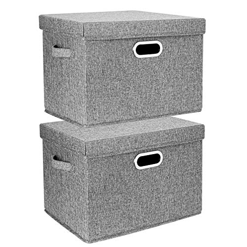 TYEERS Cajas de almacenamiento plegables grandes con tapa, cajas organizadoras de tela con tapa y ojales - juego de 2 - gris