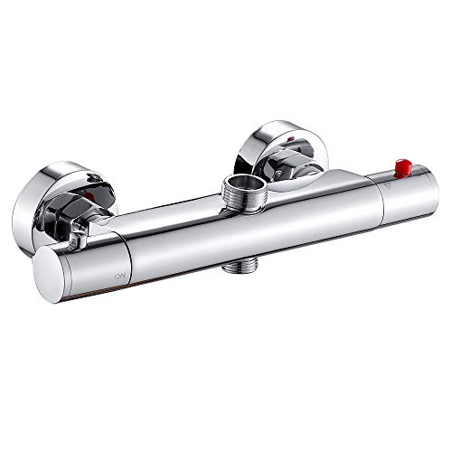 Grifo termostático para ducha Termostato de ducha con botón de seguridad 38 ℃ Grifo termostático cromado para baño y ducha de pared (2 tomas)