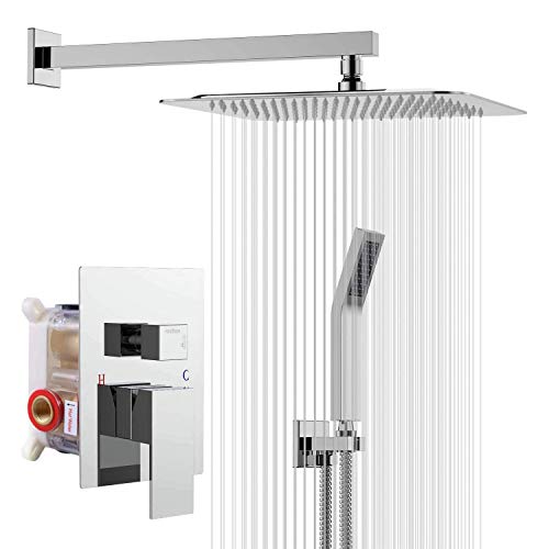 Sistema de ducha Rainsworth - Juego de grifo de ducha empotrado cromado - Tecnología de inyección de aire - Cabezal de ducha cuadrado de 10 pulgadas - Fácil instalación - Acero inoxidable y latón