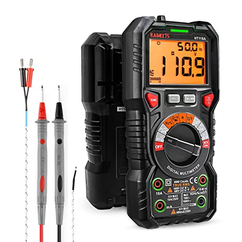 Multímetro digital profesional KAIWEETS HT118A, multímetro con rango automático con valor real 6000 cuentas para medir corriente y voltaje AC/DC, NCV, capacidad, continuidad, resistencia, batería, diodo, vivo