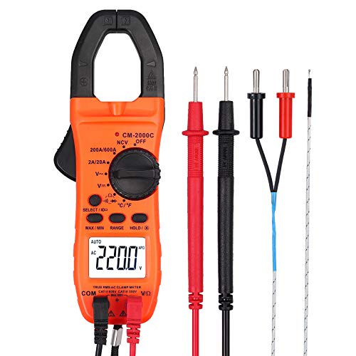 Pinza amperimétrica digital 2000 con pantalla LCD Función NCV TRMS para tensión de corriente CA/CC con cables de prueba y sonda de temperatura tipo K