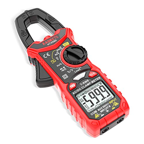 Pinza amperimétrica profesional digital KAIWEETS 206D para medir corriente y tensión de 600 A AC/DC con 6000 conteos, valor real, rango automático, NCV, capacidad, resistencia, pinza de batería