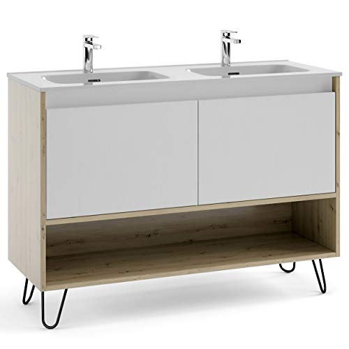 Mueble de baño Kassia 120 cm + Lavabo doble de cerámica manhattan | L 120 XW 86.8 XP 45 cm Roble Amazonas blanco + Patas de horquilla