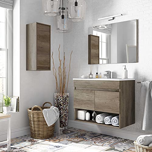 Miroytengo Pack mueble de baño con armario, espejo, lavabo de cerámica y mueble auxiliar diseño moderno