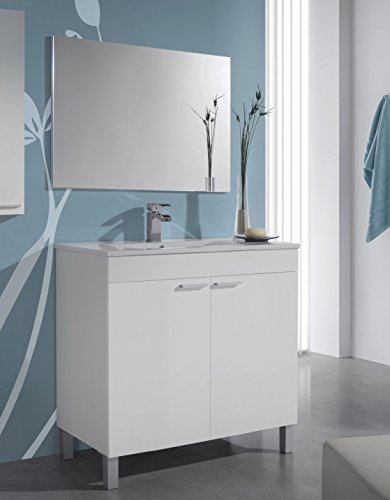 Abitti Mueble de baño o aseo con lavabo de PMMA y espejo a juego con dos puertas blanco brillo 80x80x45cm