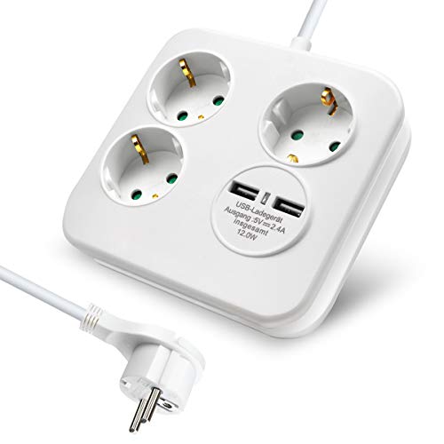 Regleta ExtraStar con 3 enchufes y 2 puertos USB para el hogar, la oficina y los viajes, cable de 1,5 m, blanco