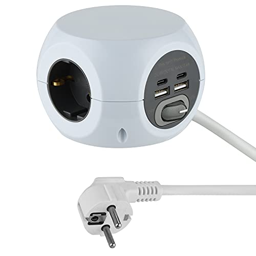 Electraline 62078 Mini multicubo de 3 vías con 4 17 W (2 tipo C compatibles con la última tecnología + 2 USB A 3.4A QC) con interruptor, cable de 1,5 m