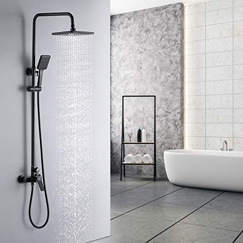Columna de ducha Auralum negra para baño Conjunto de ducha monomando Conjunto de ducha completo con grifería efecto lluvia y teleducha, regulable en altura