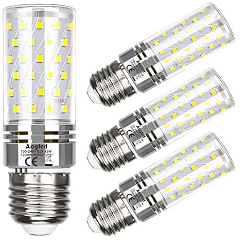 Bombilla LED Aogled E27 12W 6000K, equivalente a lámpara halógena 100W, blanco frío 6000K, 1200lm, ángulo 360, tornillo Edison E27, no orientable, sin parpadeo, AC 85-265 V, iluminación LED E27, 4 unidades