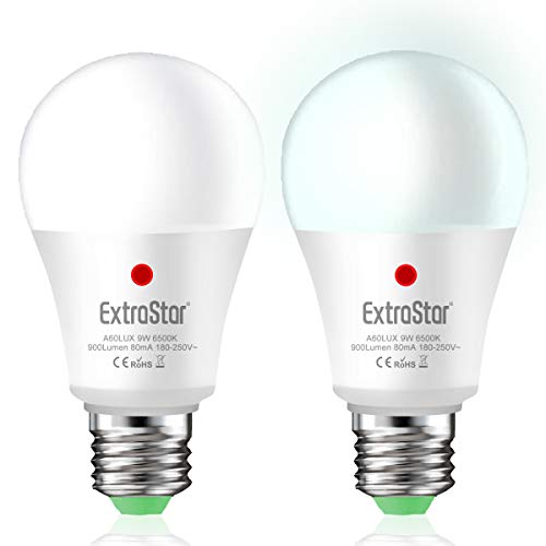 Lámpara con sensor crepuscular, bombillas LED con sensor EXTRASTAR E27, 9W equivalente a 72W, luz fría 6500k, encendido/apagado automático de anochecer a anochecer, para camino, jardín 2 uds.