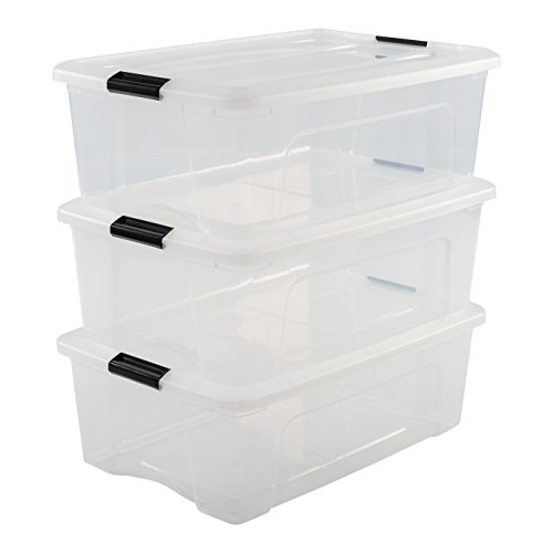 Iris Ohyama, Juego de 3 cajas de almacenamiento, 30L, con cerradura, apilables, sala de estar, dormitorio, garaje - New Top Box NTB-30 - Transparente