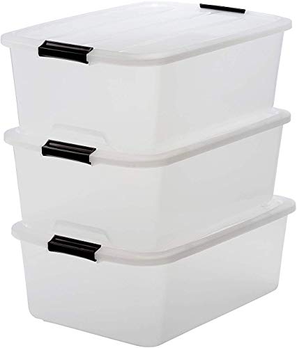 Iris Ohyama, Juego de 3 Cajas de Almacenamiento, 30 L, con Tapa de Cierre, Apilables, Salón, Dormitorio, Garaje - Top Box Tb-30 - Transparente