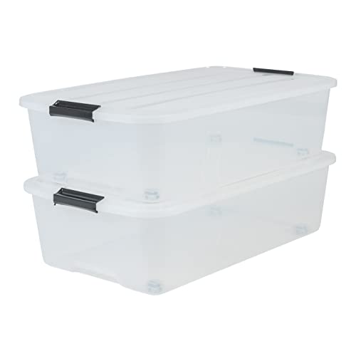 Amazon Basics, Juego de 2 Cajas de almacenaje debajo de la cama, 40 L, Cierre con solapa, Ruedas, Dormitorio - Top Box Roller TBU-40 - Transparente