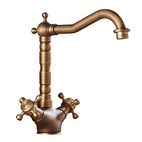 Grifo de fregadero de latón estilo antiguo y retro, grifo de fregadero de cocina de cerámica, grifo de cobre antiguo con rotación de 360 ​​°, mezcla de agua fría y caliente con manguera de instalación