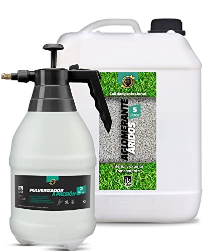 Sikd - Ligante fijador para la compactación de áridos.  Soluciona el desparrame de grava, piedras, chinas, cristales o cortezas en la decoración de jardines.  Set estabilizador 5L con pulverizador a presión