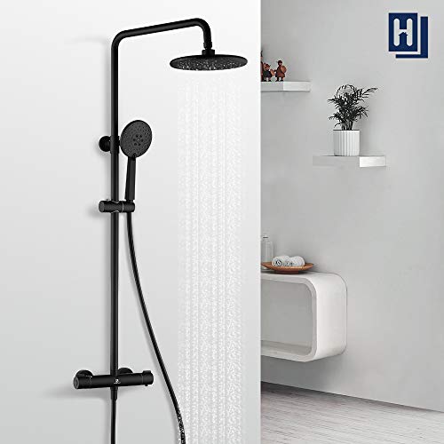 HOMELODY Columna de ducha termostática negra 40 ℃, juego de ducha con grifo de latón ajustable altura 829 mm-1221 mm ducha de lluvia 3 tipos de ducha de mano con volante antideslizante para baño