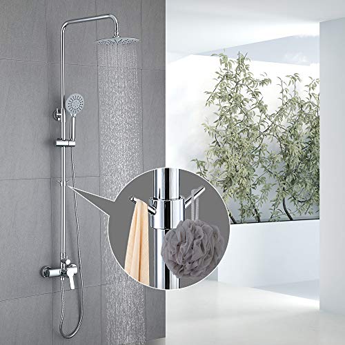 Conjunto de ducha Homelody con grifo Columna de ducha circular plateada Barra orientable de estilo moderno 900-1300 mm con ganchos Ducha lluvia Ducha manual 3 modos y alta resistencia